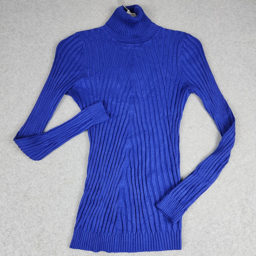 It's Our Time Sweater Womens Small Blue Ribbed Knit Rayon Turtleneck Pullover